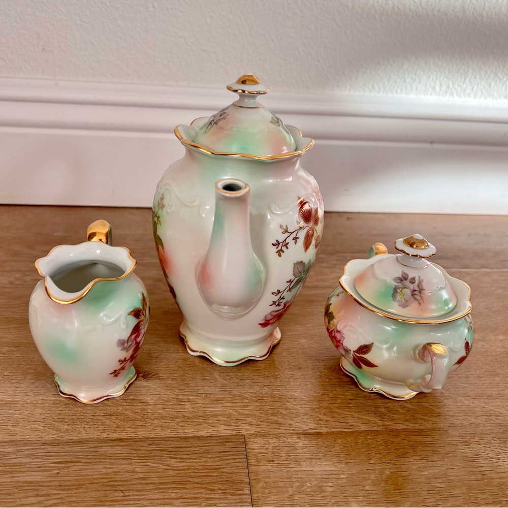 Vtg 1945’s Schumann Bavaria Wild Rose Blush Coffee Pot, Creamer, Sugar Bowl‎ Set - Picture 3 of 9